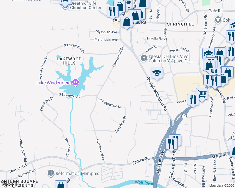 map of restaurants, bars, coffee shops, grocery stores, and more near 4015 Kingfisher Drive in Memphis
