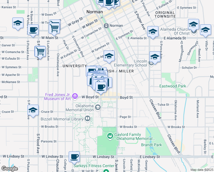map of restaurants, bars, coffee shops, grocery stores, and more near 750 Deans Row Avenue in Norman