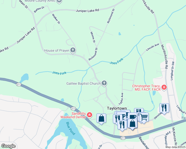 map of restaurants, bars, coffee shops, grocery stores, and more near Main Street in Pinehurst