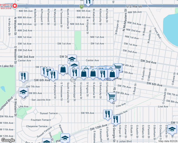 map of restaurants, bars, coffee shops, grocery stores, and more near 409 South Virginia Street in Amarillo