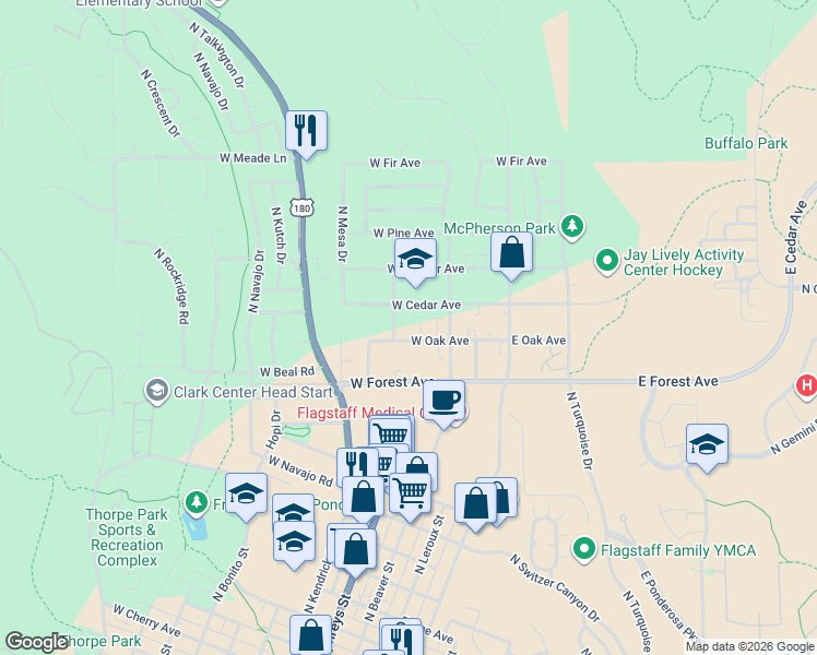 map of restaurants, bars, coffee shops, grocery stores, and more near 1514 North Sunset Drive in Flagstaff