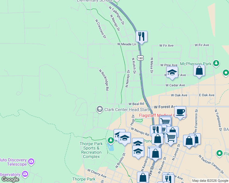 map of restaurants, bars, coffee shops, grocery stores, and more near 1319 North Aztec Street in Flagstaff