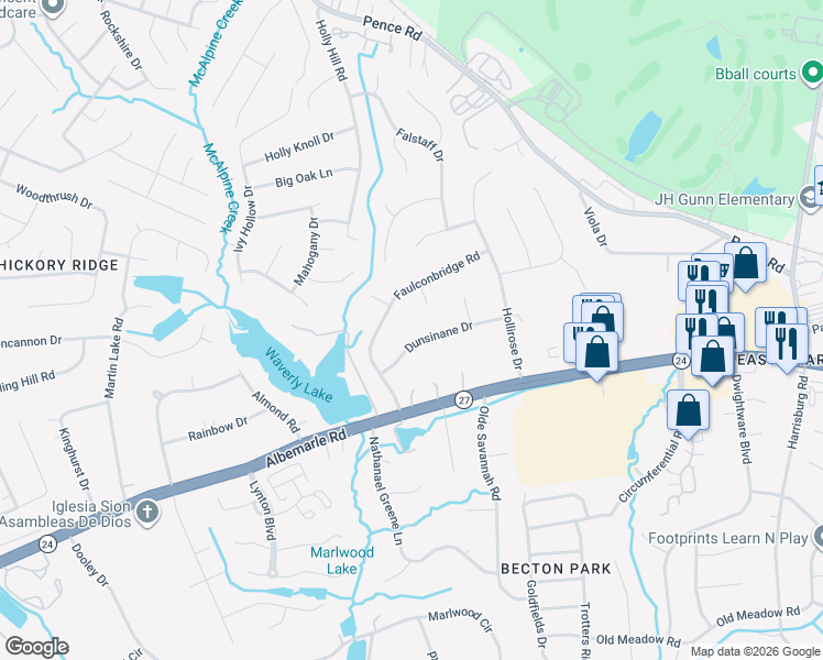 map of restaurants, bars, coffee shops, grocery stores, and more near 8505 Dunsinane Drive in Charlotte