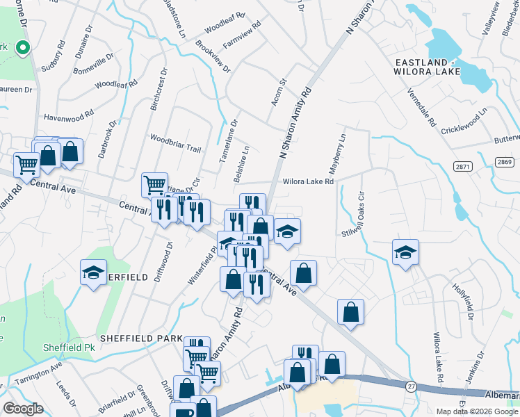 map of restaurants, bars, coffee shops, grocery stores, and more near 4923 Central Avenue in Charlotte