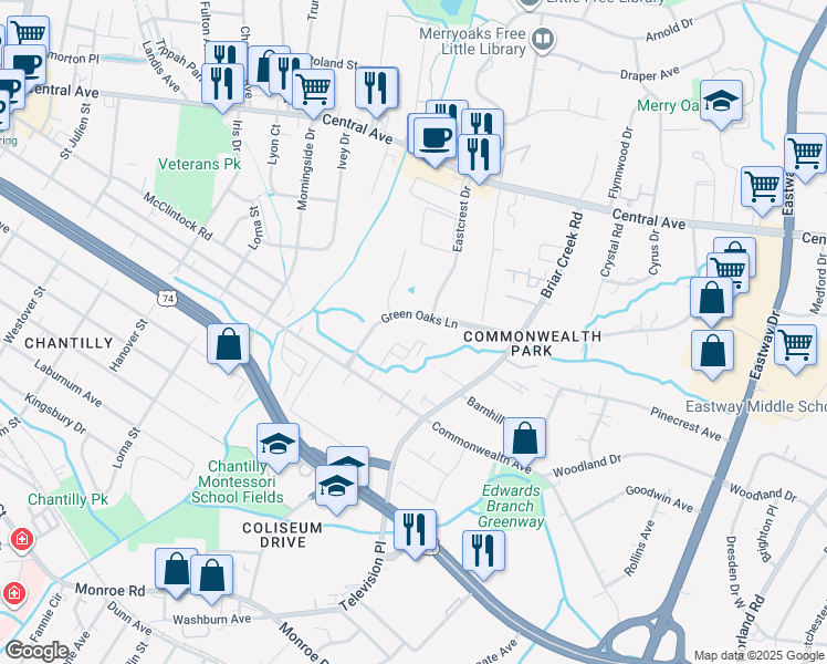 map of restaurants, bars, coffee shops, grocery stores, and more near 1330 Green Oaks Lane in Charlotte