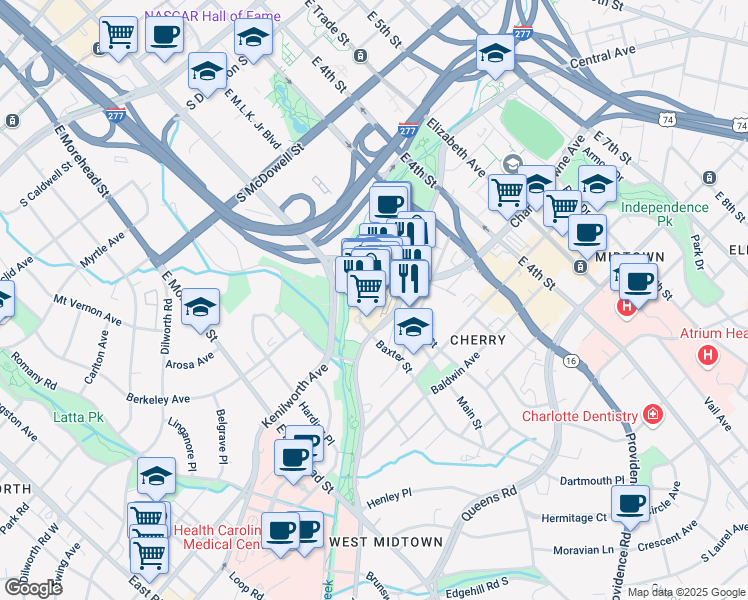 map of restaurants, bars, coffee shops, grocery stores, and more near 1111 Metropolitan Avenue in Charlotte