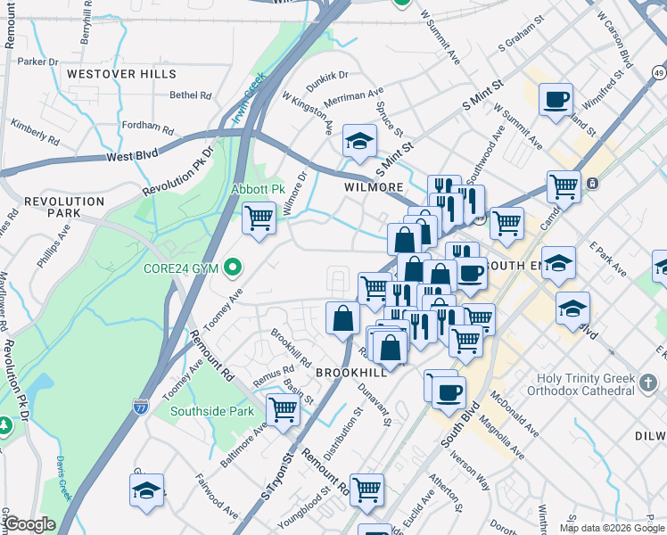 map of restaurants, bars, coffee shops, grocery stores, and more near 408 Music Hall Way in Charlotte