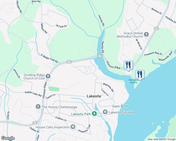 map of restaurants, bars, coffee shops, grocery stores, and more near 8806 Shady Wood Ln in Lakesite