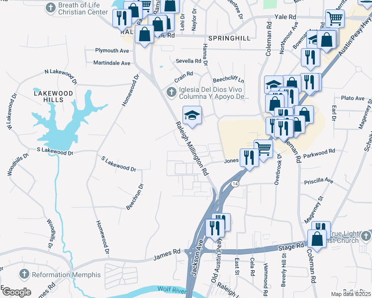 map of restaurants, bars, coffee shops, grocery stores, and more near 4168 The Place Street in Memphis