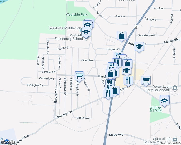 map of restaurants, bars, coffee shops, grocery stores, and more near 3187 East Shirley Circle in Memphis
