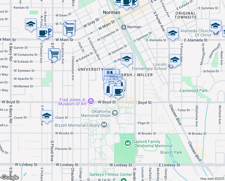 map of restaurants, bars, coffee shops, grocery stores, and more near 561 Buchanan Avenue in Norman