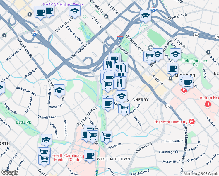 map of restaurants, bars, coffee shops, grocery stores, and more near 1111 Metropolitan Avenue in Charlotte