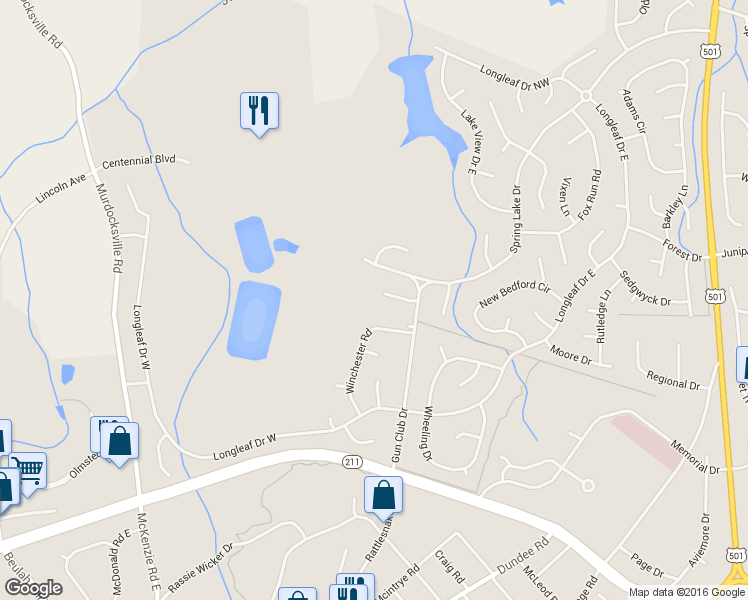 map of restaurants, bars, coffee shops, grocery stores, and more near 12 Remington Lane in Pinehurst