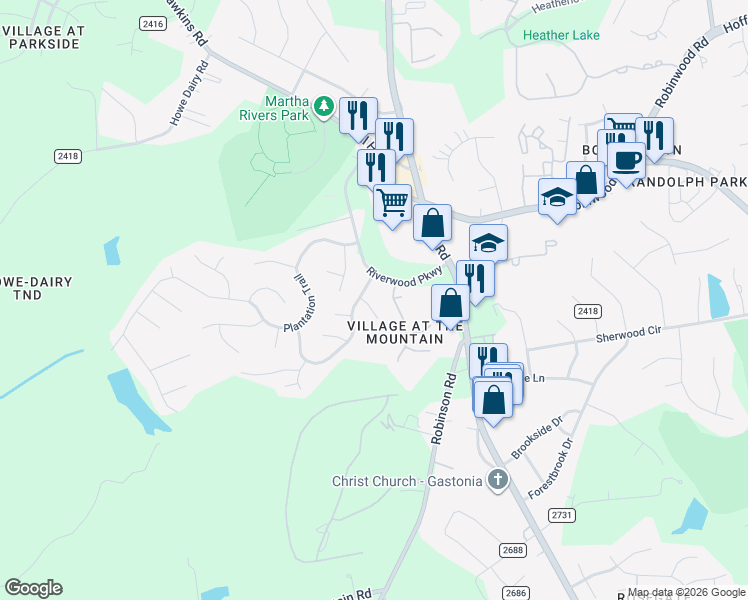 map of restaurants, bars, coffee shops, grocery stores, and more near 3128 River Trce in Gastonia