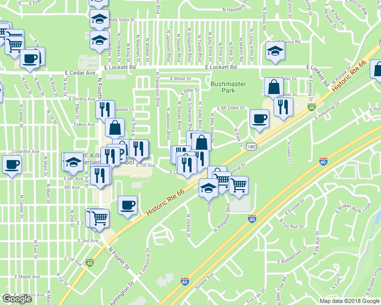 map of restaurants, bars, coffee shops, grocery stores, and more near 2809 East Lewis Drive in Flagstaff