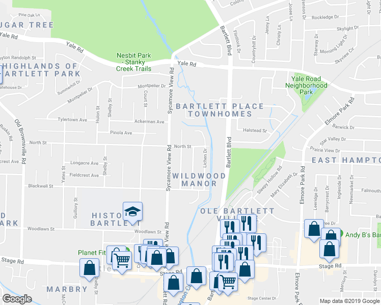 map of restaurants, bars, coffee shops, grocery stores, and more near 3181 Rosebay Lane in Bartlett