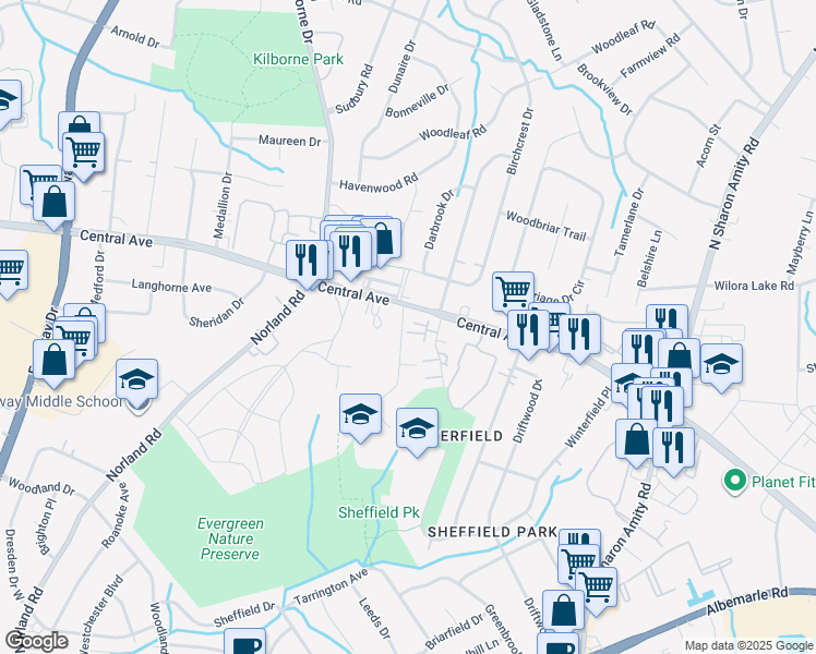 map of restaurants, bars, coffee shops, grocery stores, and more near 1848 Progress Lane in Charlotte