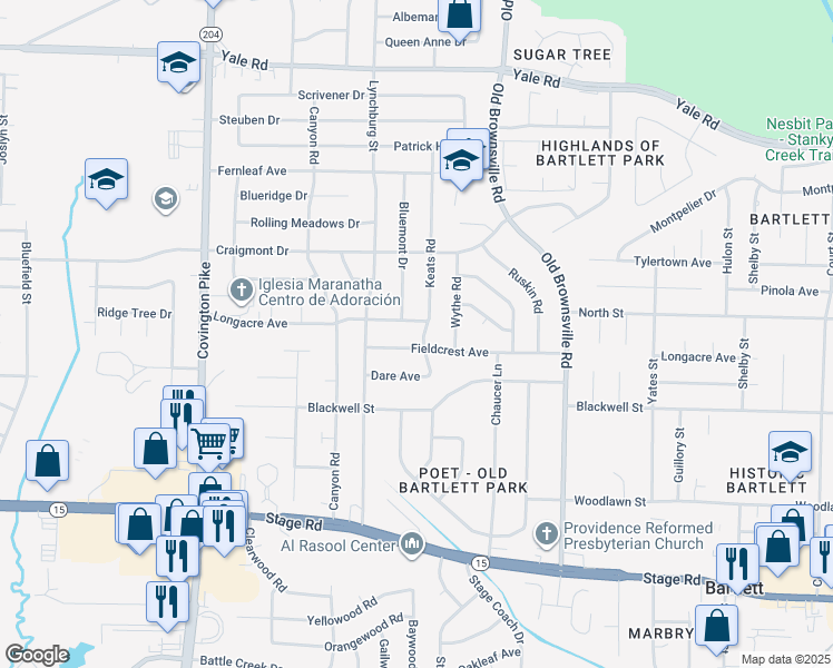 map of restaurants, bars, coffee shops, grocery stores, and more near 3181 Keats Road in Memphis
