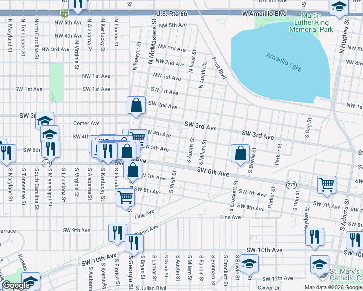 map of restaurants, bars, coffee shops, grocery stores, and more near 413 South Rusk Street in Amarillo