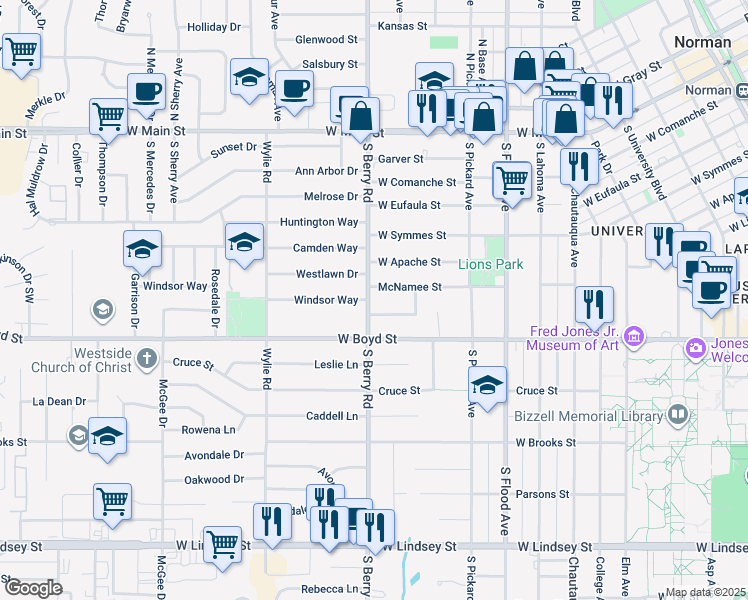 map of restaurants, bars, coffee shops, grocery stores, and more near 615 South Berry Road in Norman