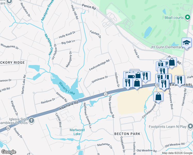 map of restaurants, bars, coffee shops, grocery stores, and more near 8505 Dunsinane Drive in Charlotte