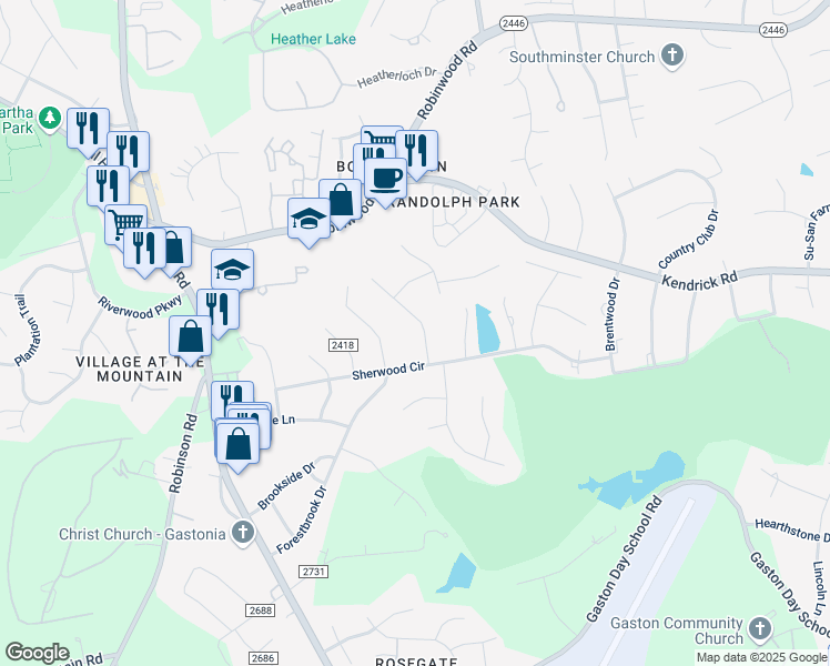 map of restaurants, bars, coffee shops, grocery stores, and more near 1009 Colony Court in Gastonia