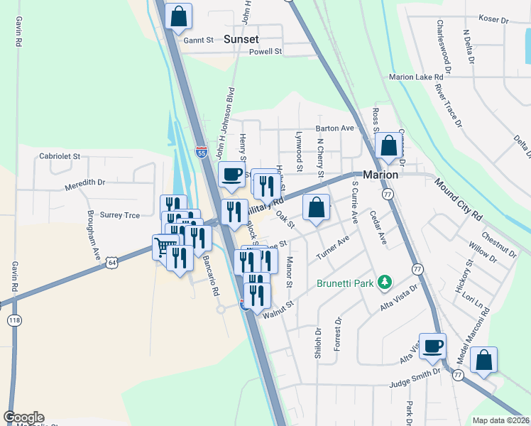 map of restaurants, bars, coffee shops, grocery stores, and more near 423 East Military Road in Marion