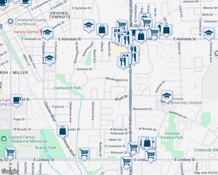 map of restaurants, bars, coffee shops, grocery stores, and more near 1209 Melisa Drive in Norman