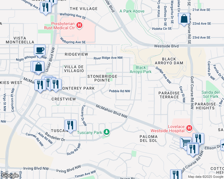 map of restaurants, bars, coffee shops, grocery stores, and more near 5201 Pebble Road Northwest in Albuquerque