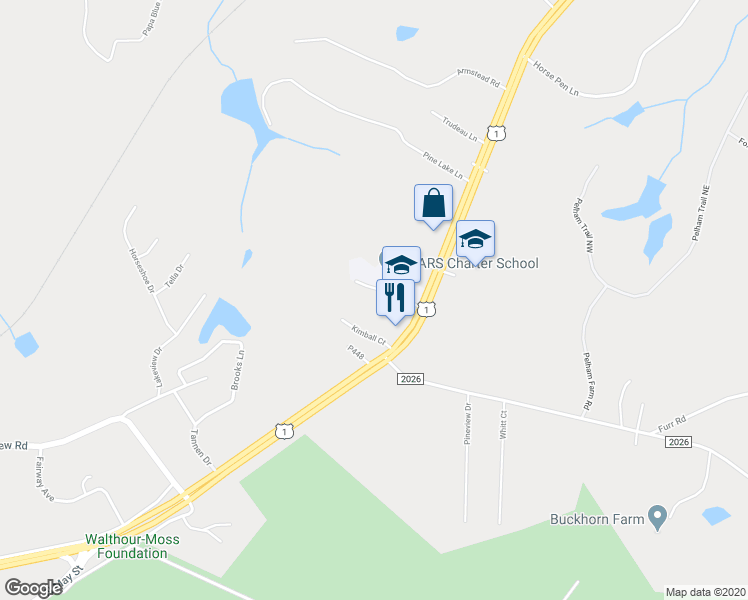 map of restaurants, bars, coffee shops, grocery stores, and more near 137 Southern Dunes Drive in Vass