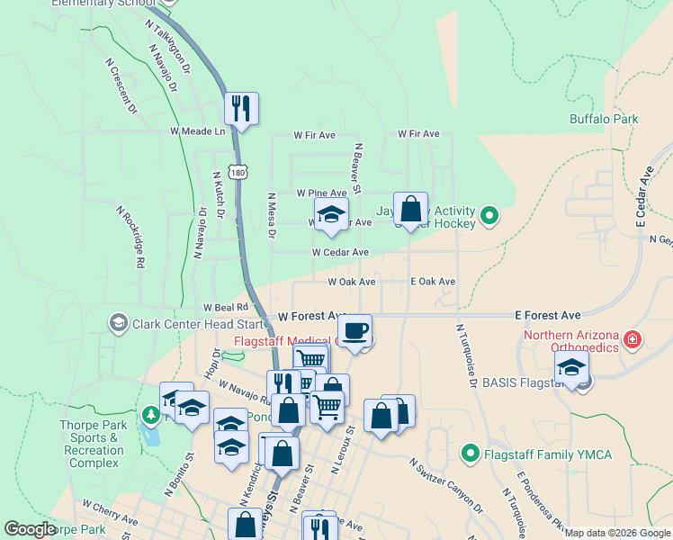 map of restaurants, bars, coffee shops, grocery stores, and more near 1514 North Sunset Drive in Flagstaff