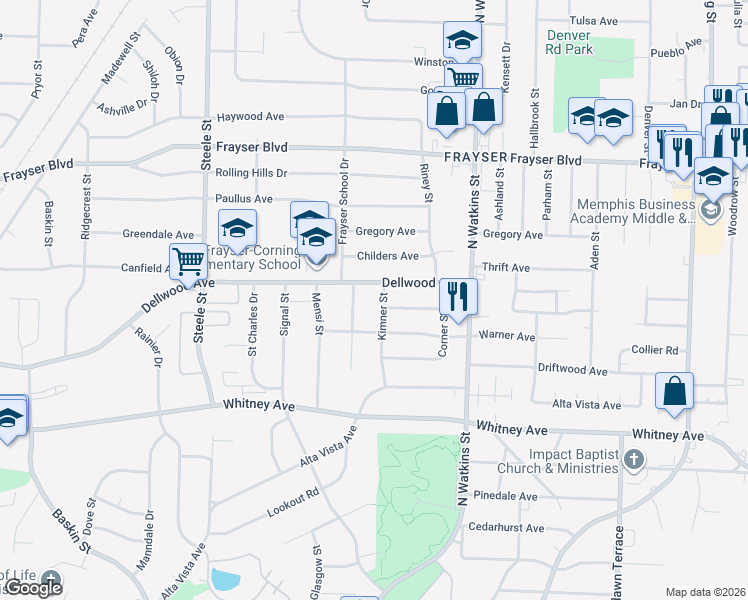 map of restaurants, bars, coffee shops, grocery stores, and more near 3183 Kimner Street in Memphis