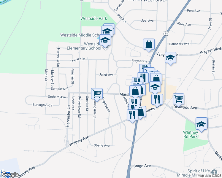 map of restaurants, bars, coffee shops, grocery stores, and more near 3187 East Shirley Circle in Memphis
