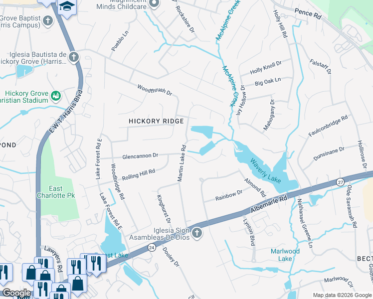 map of restaurants, bars, coffee shops, grocery stores, and more near 6206 Martin Lake Road in Charlotte