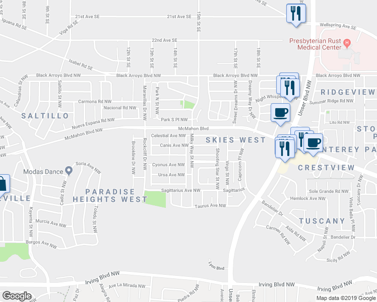map of restaurants, bars, coffee shops, grocery stores, and more near 10720 Neptune Street Northwest in Albuquerque