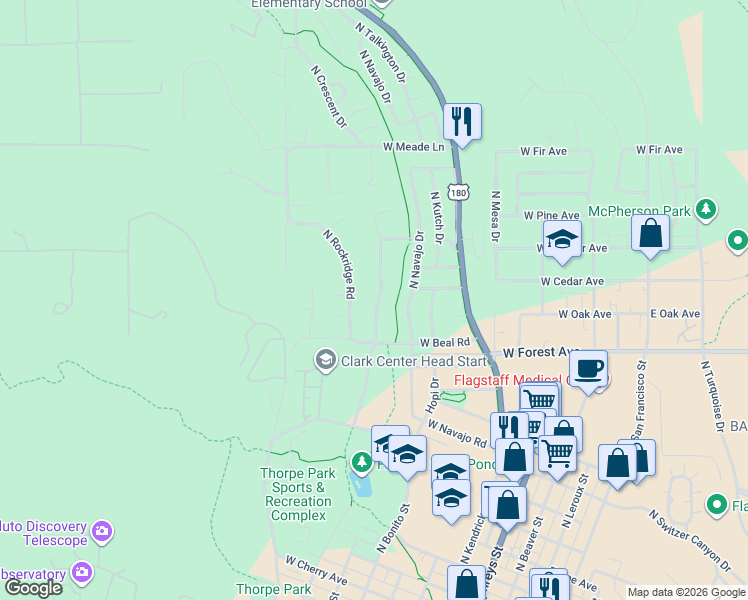 map of restaurants, bars, coffee shops, grocery stores, and more near 1319 North Aztec Street in Flagstaff