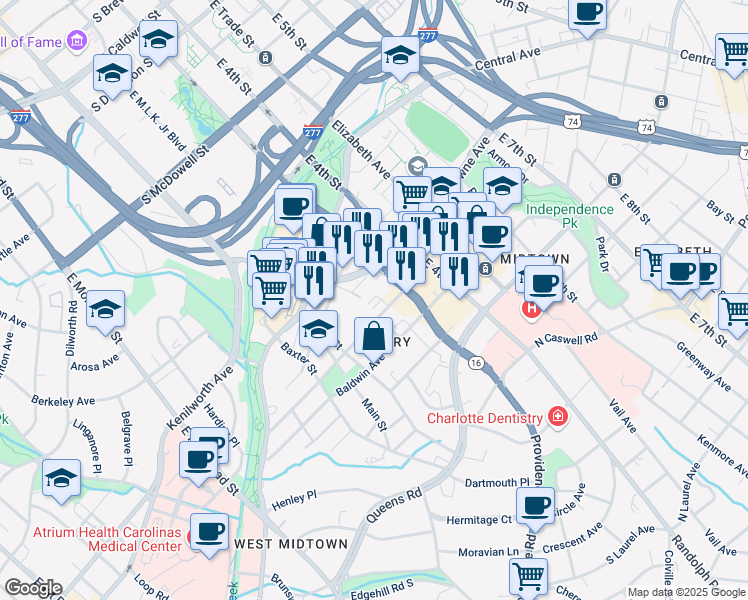 map of restaurants, bars, coffee shops, grocery stores, and more near 216 South Torrence Street in Charlotte