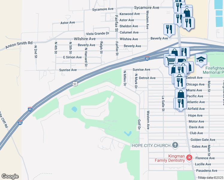 map of restaurants, bars, coffee shops, grocery stores, and more near 885 Country Club Drive in Kingman