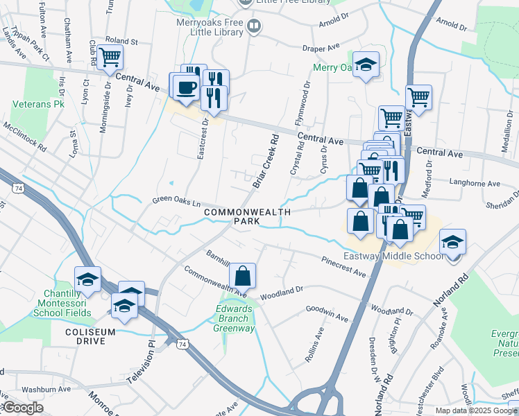 map of restaurants, bars, coffee shops, grocery stores, and more near 1323 Carolyn Drive in Charlotte