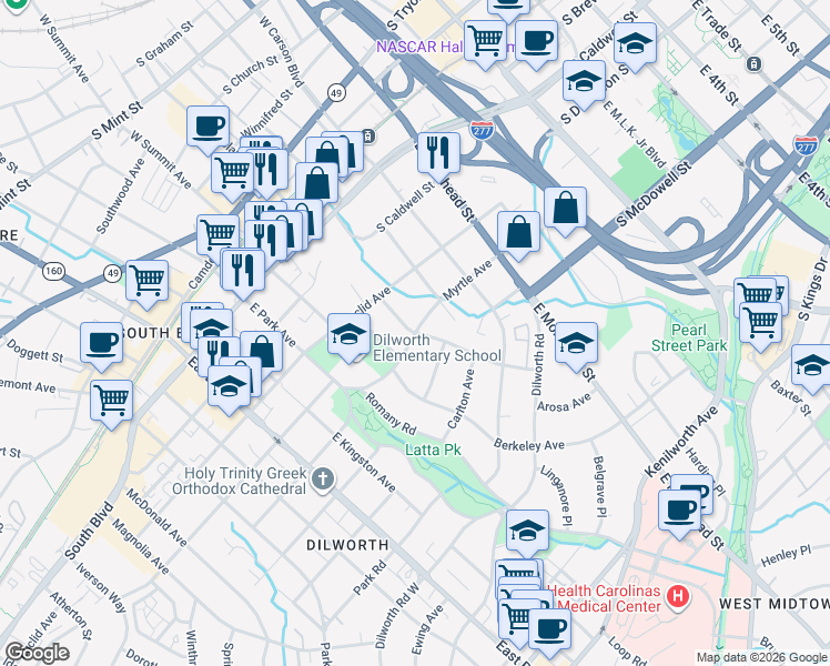 map of restaurants, bars, coffee shops, grocery stores, and more near Myrtle Ave & Mt Vernon Ave in Charlotte