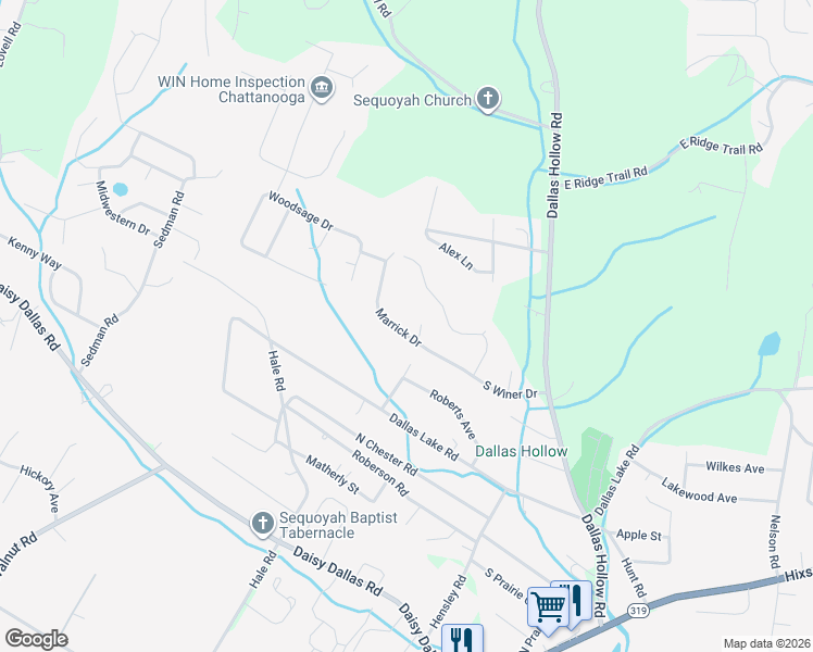 map of restaurants, bars, coffee shops, grocery stores, and more near 1441 Marrick Drive in Soddy-Daisy