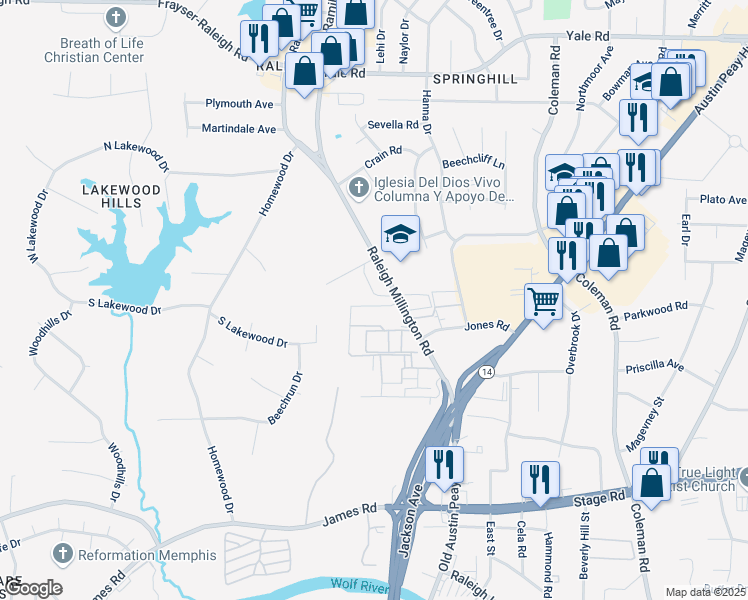 map of restaurants, bars, coffee shops, grocery stores, and more near 4168 The Place Street in Memphis