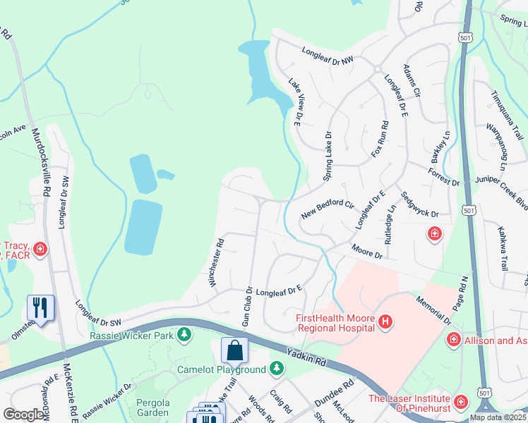 map of restaurants, bars, coffee shops, grocery stores, and more near 346 Gun Club Drive in Pinehurst