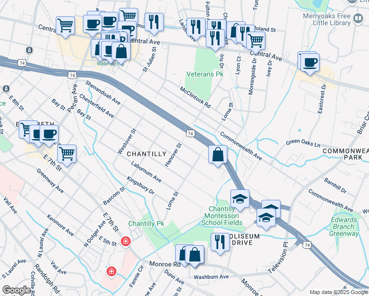 map of restaurants, bars, coffee shops, grocery stores, and more near 2516 Shenandoah Avenue in Charlotte