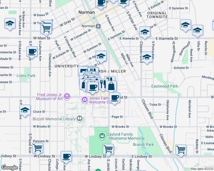 map of restaurants, bars, coffee shops, grocery stores, and more near 750 South Jenkins Avenue in Norman