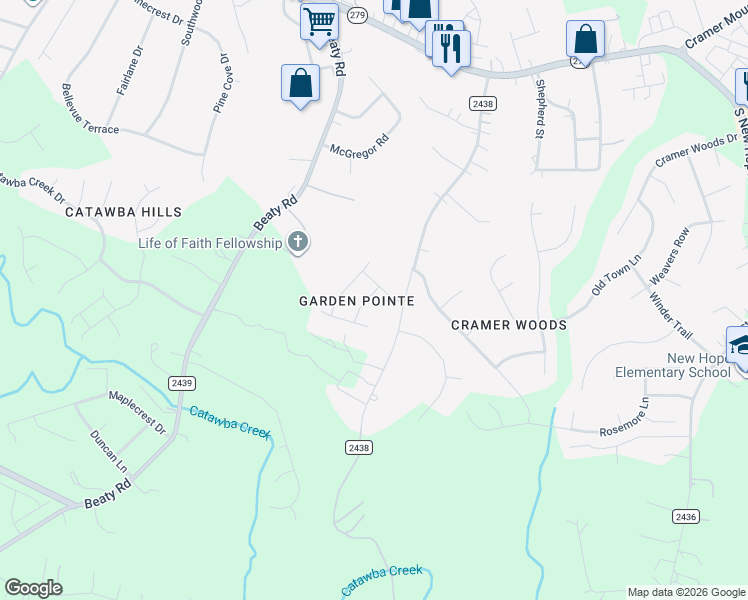 map of restaurants, bars, coffee shops, grocery stores, and more near 5624 Amelia Lane in Gastonia