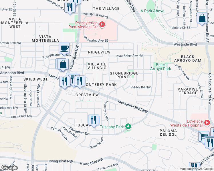 map of restaurants, bars, coffee shops, grocery stores, and more near 10727 Stonebrook Place Northwest in Albuquerque