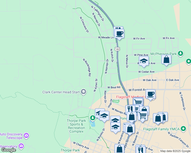 map of restaurants, bars, coffee shops, grocery stores, and more near 1319 North Aztec Street in Flagstaff