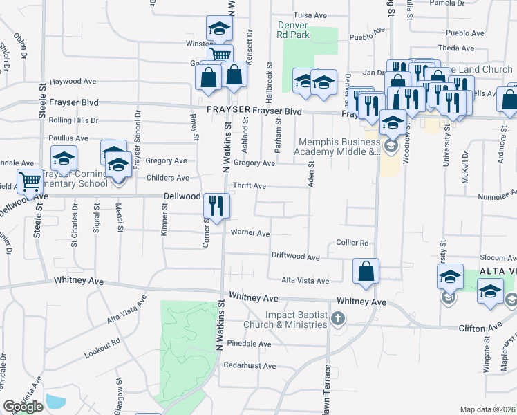 map of restaurants, bars, coffee shops, grocery stores, and more near 3184 Beechmont Street in Memphis