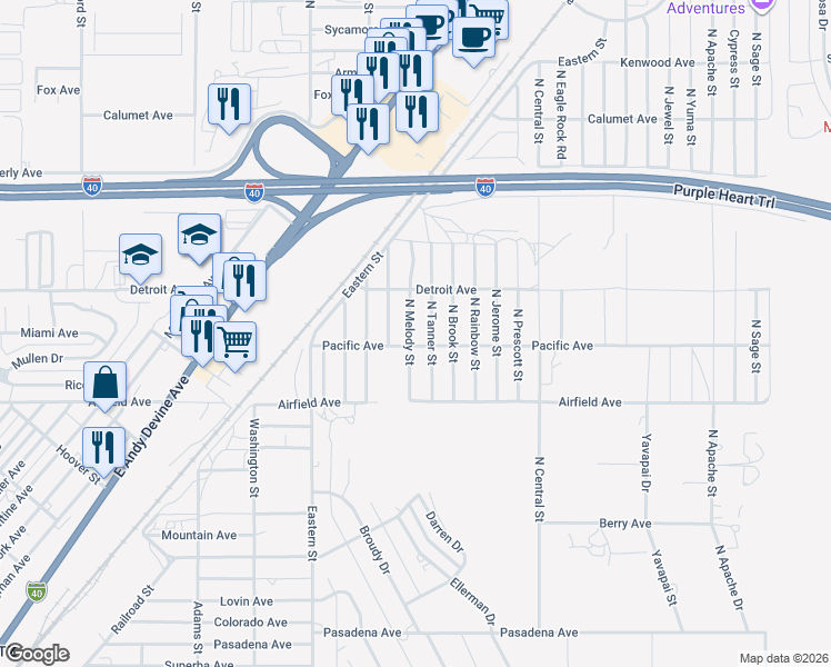 map of restaurants, bars, coffee shops, grocery stores, and more near 2944 N Melody St in Kingman
